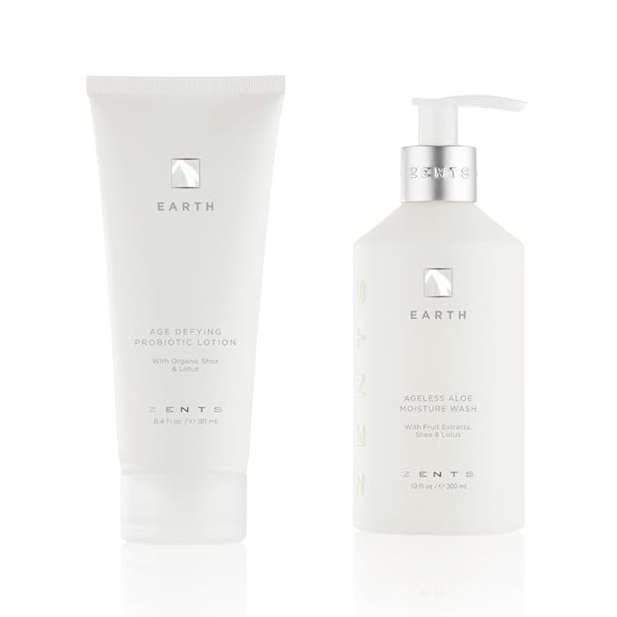Zents Moisturizing & Cleansing Skincare Set (Earth Fragrance) | Probiotic Lotion & Body Wash with Organic Shea Butter & Aloe | Hydrates & Nourishes Skin | 10 fl oz & 6.4 fl oz