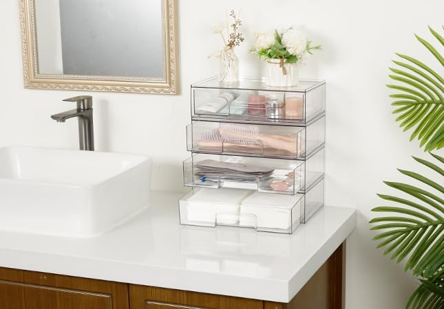 Vtopmart 12.1''W Clear Stackable Storage Drawers,3 Pack Acrylic Plastic Organizers Bins for Makeup Palettes, Cosmetics, and Beauty Supplies,Ideal for Vanity, Bathroom,Cabinet,Desk Organization