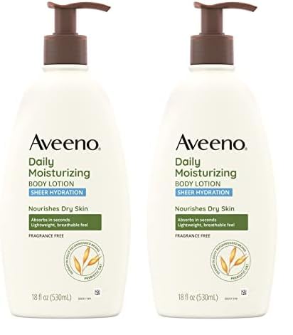 Aveeno Sheer Hydration Daily Moisturizing Fragrance-Free Lotion with Nourishing Prebiotic Oat, Fast-Absorbing Body Moisturizer for Dry Skin with Lightweight, Breathable Feel, 18 fl. oz (Pack of 2)