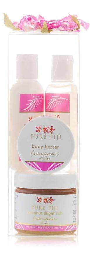Pure Fiji Spa Gifts for Women and Man - Body Gift Box Include: Sugar Scrub, Bath and Body Oil, Body Butter and Body Lotion, Scent Frangipani