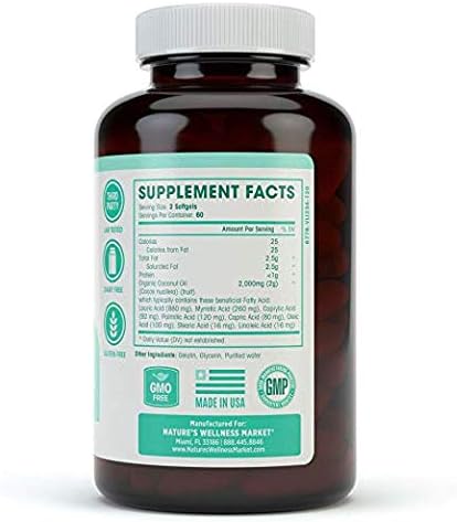 Natures Wellness Organic Coconut Oil 2000mg - Healthy Skin, Nails, Hair Growth – Extra Virgin, Cold Pressed, Unrefined Non GMO - Rich in MCT MCFA - Support Brain Function