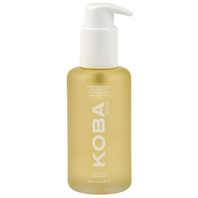 KOBA Gold Drip Nourishing Body & Hair Oil - For Women & Men - Moisturizing - Normal to Very Dry Skin - All Hair Types & Beards - Woody, Floral, & Citrus - Natural - Vegan - Safou Oil (3.4 Fl Oz)