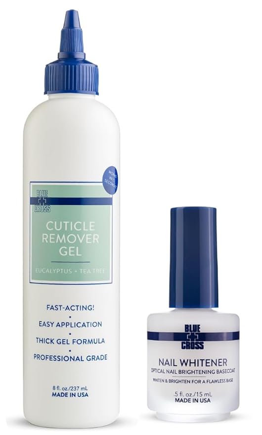 Blue Cross Professional Nail + Cuticle Care Optical Nail Brightening Basecoat Nail Concealer + Cuticle Remover Softener Gel in Eucalyptus/Tea Tree Scent, 2 Pack Bundle
