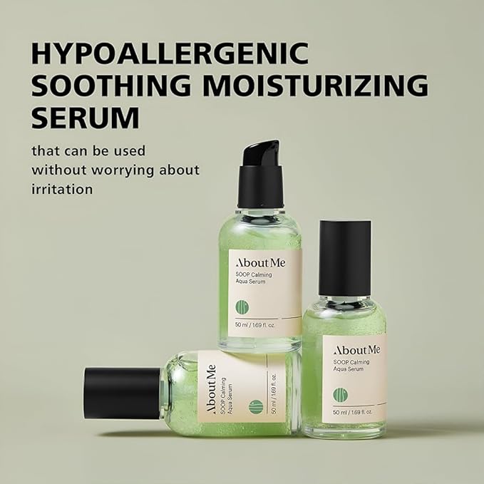 ABOUT ME Soop Calming Aqua Serum - Vegan Soothing and Hydrating Facial Serum with Cypress Water, Centella Asiatica, and Tea Tree Leaf Extract for Dry, Sensitive Skin (50ml/1.69oz)