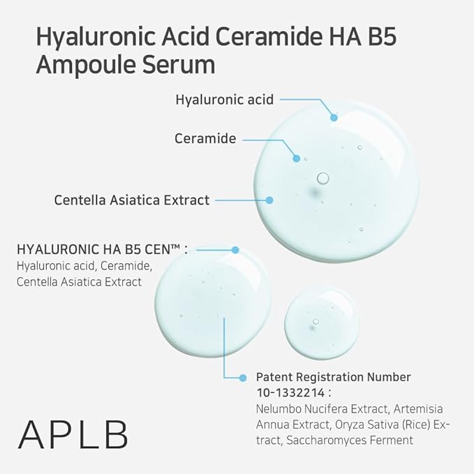 APLB Hyaluronic Acid Ceramide HA B5 Ampoule Serum | HYALURONIC HA B5 CEN™ 37.4% 1.35 FL.OZ/Korean Skincare, Long lasting moisturizing, Revitalize for gentle and improve skin texture