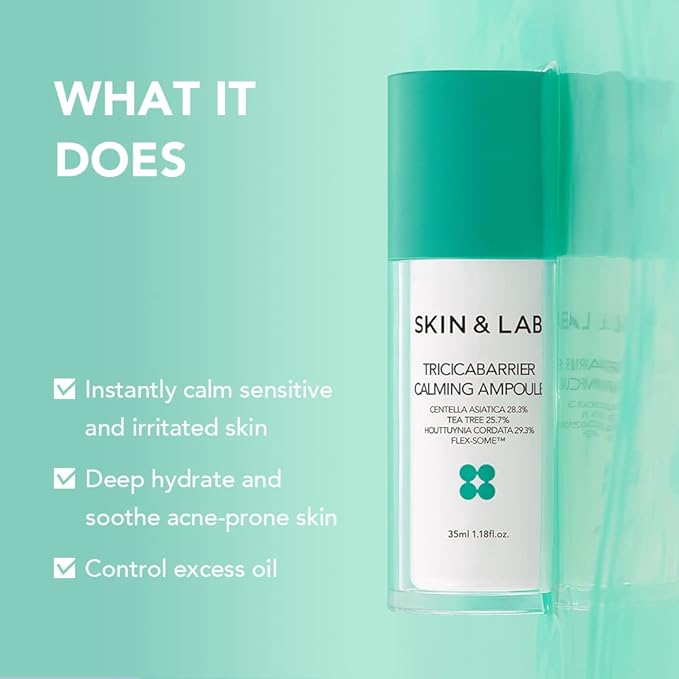[SKIN&LAB] Tricicabarrier Calming Ampoule | Daily Facial Serum | Contains Centella Asiatica, Tea Tree and Houttuynia Cordata | Calming Sensitive, Oily Acne-Prone Skin | 1.18 Fl Oz