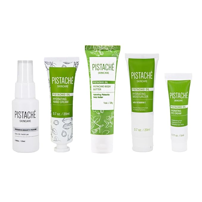 Pistaché Skincare Pistachio Oil Irresistible Scent Set + Body Mist Fragrance + 5-Pc Mini Collection (Travel)+ Hydrates and Nourishes + Vitamin E + Antioxidant Protection