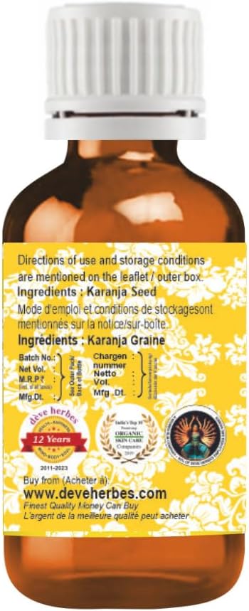 Deve Herbes Pure Karanja Seed Oil (Pongamia pinnata) Cold Pressed 15ml (0.50 oz)