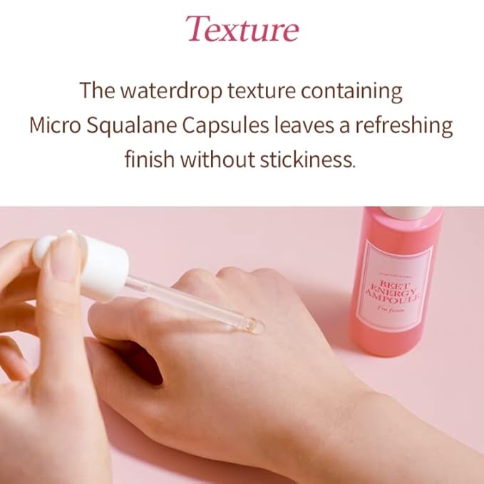 I'm from Beet Energy Ampoule, 81.5% red beet extract, Intensive vitalization care, Micro Squalane Capsules for deeper hydration, rich in minerals and betaine, radiance, nourishment - 30ml