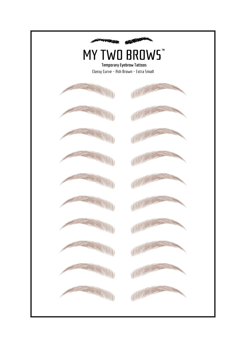 (10 pairs) Ash Brown Temporary Eyebrow Tattoo - Extra Small Size - Waterproof & Smudgeproof - Classy Curve Style Eyebrow Stickers - Sheet Lasts up to 30 Days - Won't Work on Existing Brows