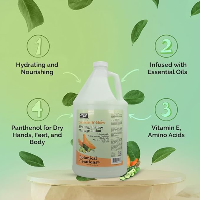 PRO NAIL - Healing Therapy Massage Lotion - Professional Pedicure, Body and Hot Oil Manicure, Infused with Natural Oils, Vitamins, Panthenol and Amino Acids (Cucumber and Melon, 1 Gallon)