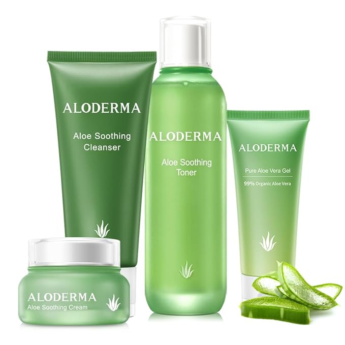 Aloderma Essential Aloe Soothing & Repairing Skin Care Set - 4 Pieces - Gel, Cleanser, Toner, Cream
