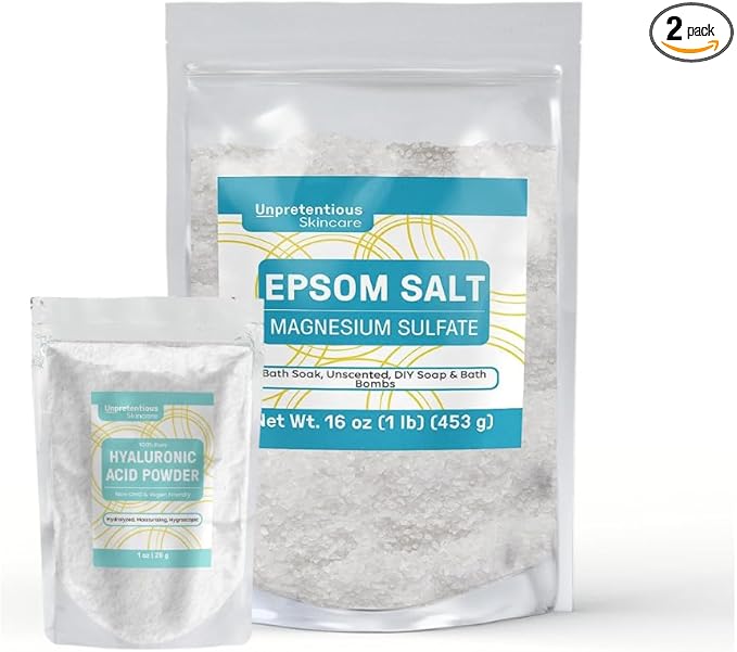 Unpretentious Epsom Salt & Hyaluronic Acid Powder Bundle, Various Sizes, Cosmetic Grade, Clear Resealable Bags