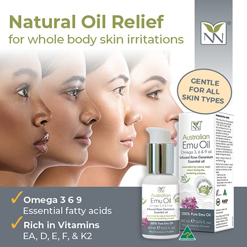 Y-Not Natural Ultra Pure Australian Emu Oil - Luxury, Hospital Grade Emu Oil 60 mL | Free Range Aboriginal Omega 3, 6 & 9 Oil Infused with Rose Geranium - The Ultimate Moisturizer for Skin, Hair, Nails, and Scalp