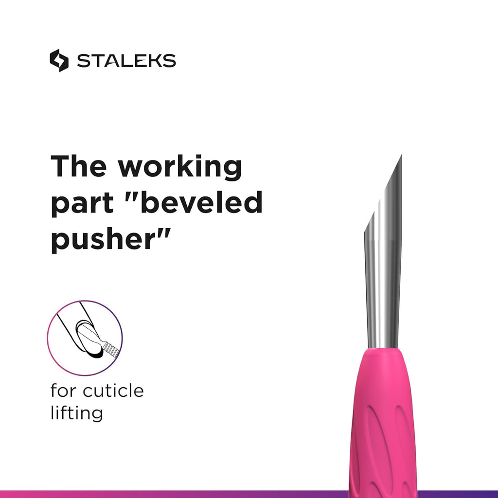Staleks Manicure pusher Gummy with silicone handle UNIQ 10 TYPE 2 – Stainless Steel – Professional Cuticle Tool (rounded narrow and beveled pusher)
