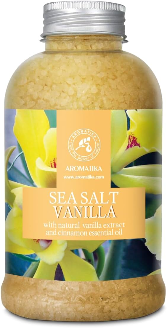 Sea Salt Vanilla 21.16 Oz - w/Vanilla & Cinnamon Essential Oils - Natural Bath Sea Salts - Best for Bath - Good Sleep - Relaxing - Body Care - Beauty
