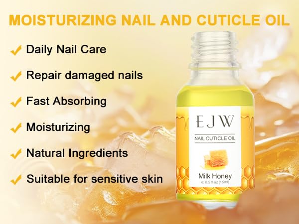 EJW Cuticle Oil for Nails, Rose and Milk Honey, Improves Hangnails and Hand Lines, Contains Vitamin E and Jojoba Oil, Natural Ingredients