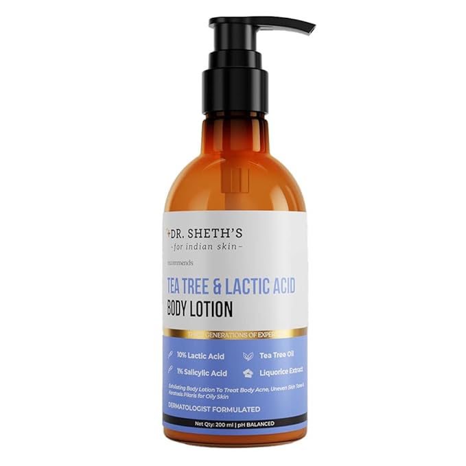Dr. Sheth's Tea Tree & Lactic Acid Exfoliating Body Lotion | Reduces Body Acne & Smooths Bumpy Skin | Non Sticky Moisturizer for Oily to Normal Skin | Fragrance-Free | 6.76 Fl Oz/200 ml
