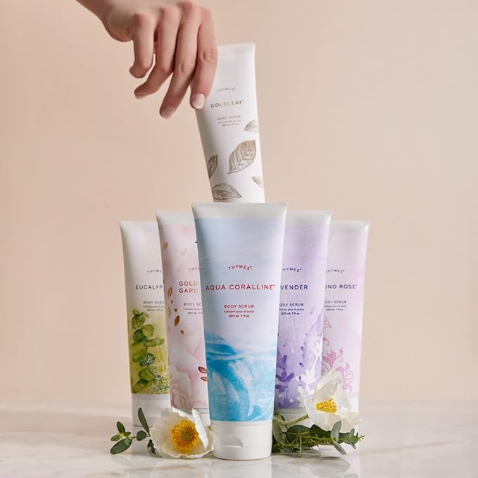 Thymes Exfoliating Body Scrub Infused with Hydration-Boosting Hyaluronate & Jojoba Beads - Moisturizing Body Scrubs for Women & Men - Perfect Self Care Gifts for Women (Eucalyptus, 7 fl oz)