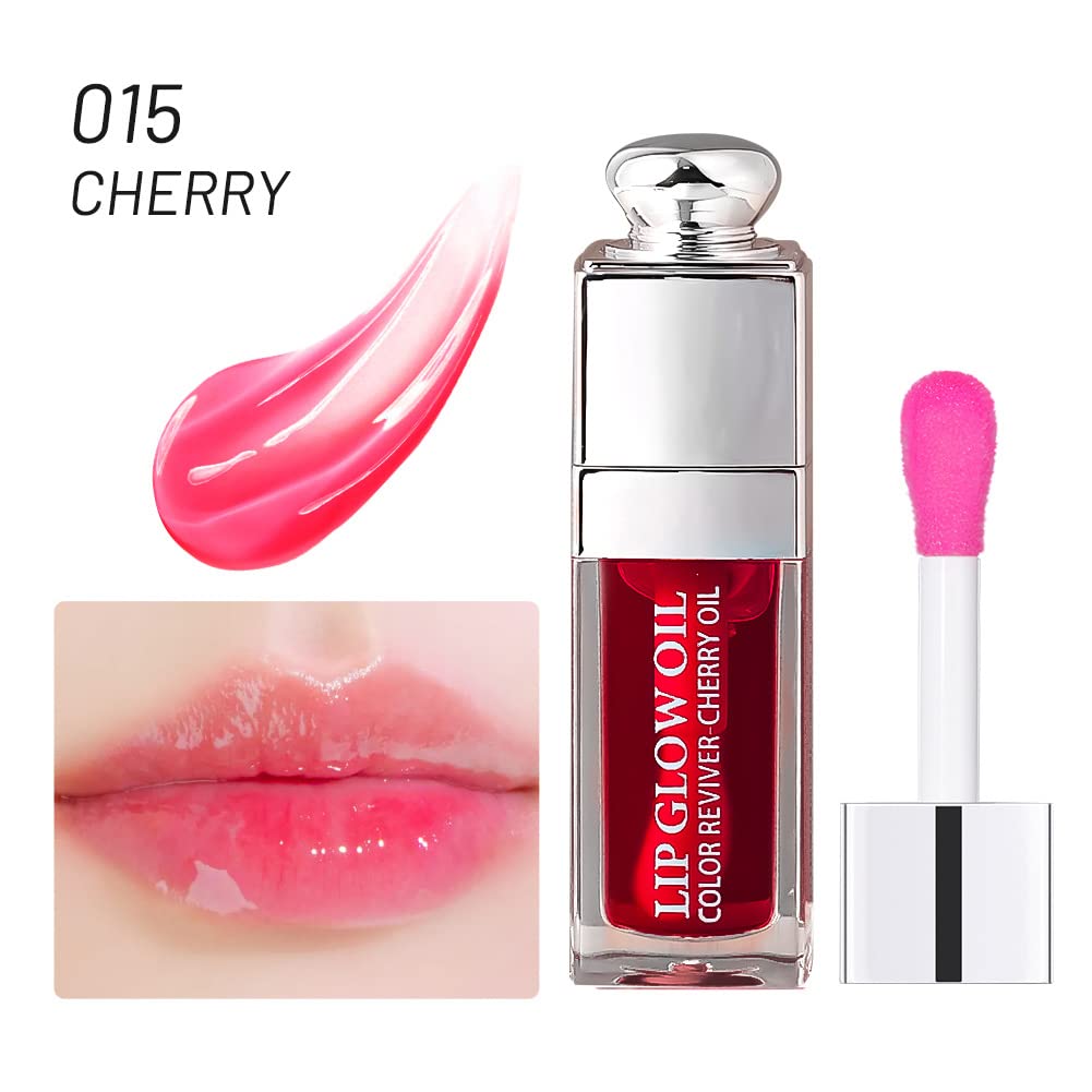 2PCS Hydrating Lip Glow Oil, Lip Oil Gloss Transparent Toot Tinted Nourishing Long Lasting Repairing Lightening Lip Lines (CHERRY) 0.2 OZ
