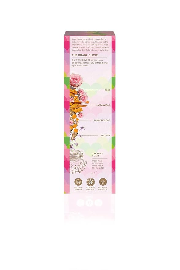 KHADI ROSE LOVE Ayurvedic Elixir Skin & Soul Body Oil, 100% Natural, Herbal & Vegan, Luxurious Beauty Oil Pampering, Regenerating & Nourishing 3.38 oz