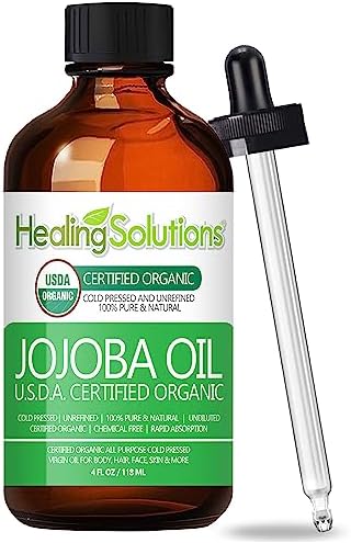 Healing Solutions Oils Organic Jojoba Oil 4 oz Pure Cold Pressed 100% Natural Serum for Hair, Skin, Face, Body, Scalp, Cuticle & Nail, Unrefined Moisturizing & Acne Fighter Treatment 118 ml