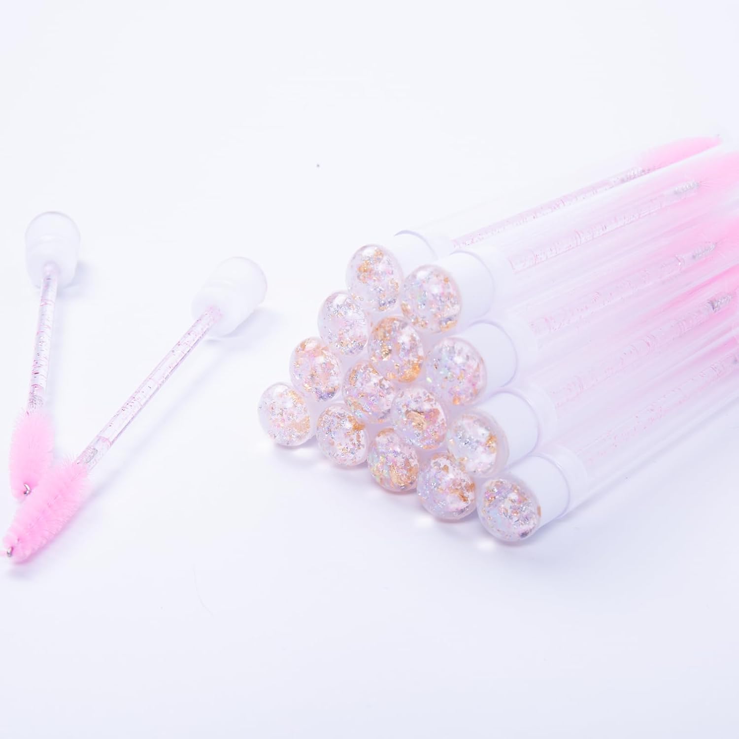 i-Laesh 20Pcs Diamond Foil Gold Pink Disposable Mascara Wands with Tube - Spoolies for Eyelash Extensions, Cleaning & Brow Makeup - Applicator Set