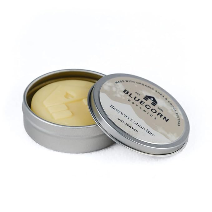 Bluecorn Beeswax Unscented Lotion Bar with Organic Cocoa Butter, Organic Shea Butter, Vitamin E, Apricot Oil & Avocado Oil. Long-Lasting Hydration for Very Dry Skin. Plastic-Free & Made in the USA.