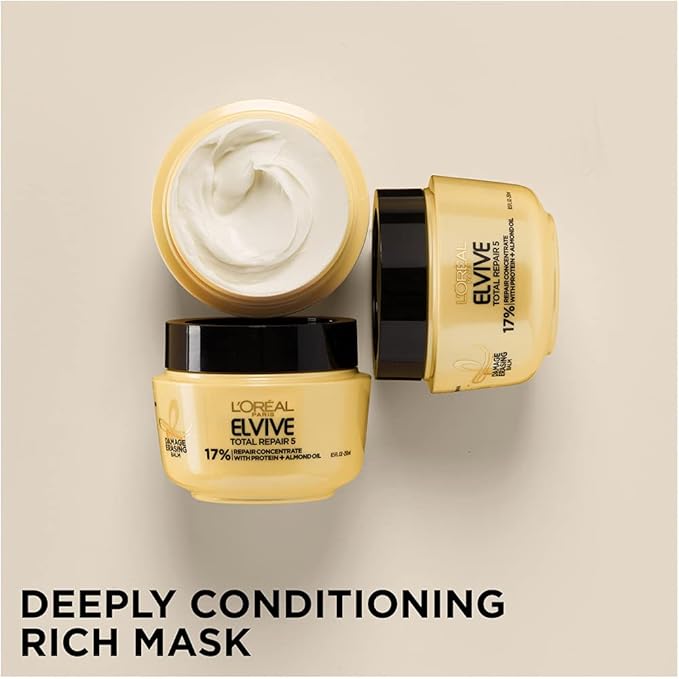 L'Oreal Paris Hair Care Elvive Total Repair 5 Damage Erasing Balm, Conditioning Hair Mask for Damaged Hair, with Almond and Protein, 8.5 fl; oz, (Pack of 2)