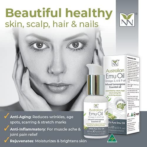 Y-Not Natural Ultra Pure Australian Emu Oil - Luxury, Hospital Grade Emu Oil 60 mL | Free Range Aboriginal Omega 3, 6 & 9 Oil Infused with Lemongrass - The Ultimate Moisturizer for Skin, Hair, Nails, and Scalp