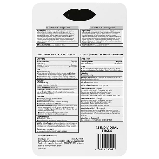 Variety Pack Original, Cherry, Strawberry, Moisturizer & Total Hydration Lip Balm - 12 count.