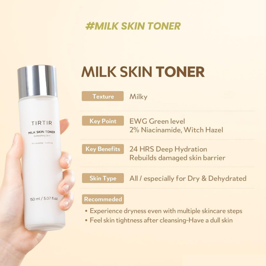 TIRTIR Milk Skin Rice Toner Light | Instant Hydration with 4% Niacinamide, Pantenol, Lightweight, Pore-Tightening, Vegan, Acne-Prone, Oily Skin, Fungal Acne Safe, Korean Skin Care, 5.07 Fl Oz