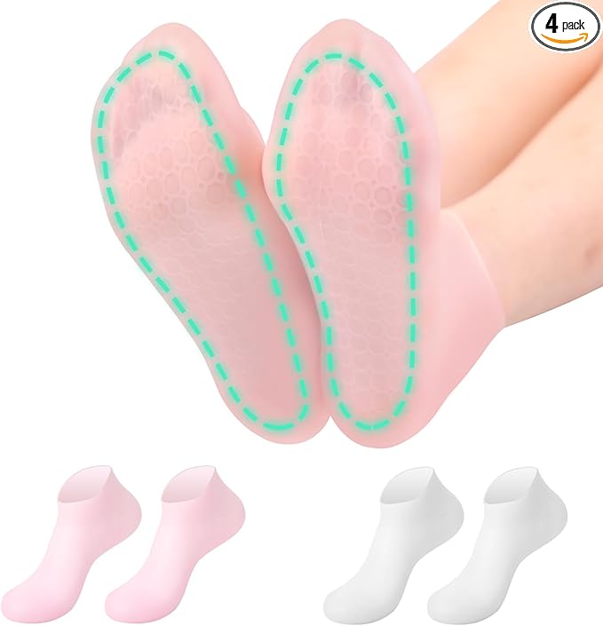 2Pairs Silicone Socks for Dry Cracked Feet Women,Non-Slip Moisturizing Foot Mask Exfoliating Socks,Cracked Heel Treatment and Silicone Moisturizing Foot Socks for Women - Pink + White