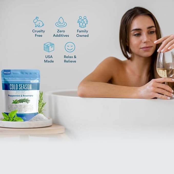 Cold Season Bath Salt 32 Ounces (2 Lbs) USP Grade Epsom Salt with Natural Rosemary and Peppermint Pure Essential Oils Plus Vitamin C in BPA Free Pouch with Easy Press Lock Seal Made in USA
