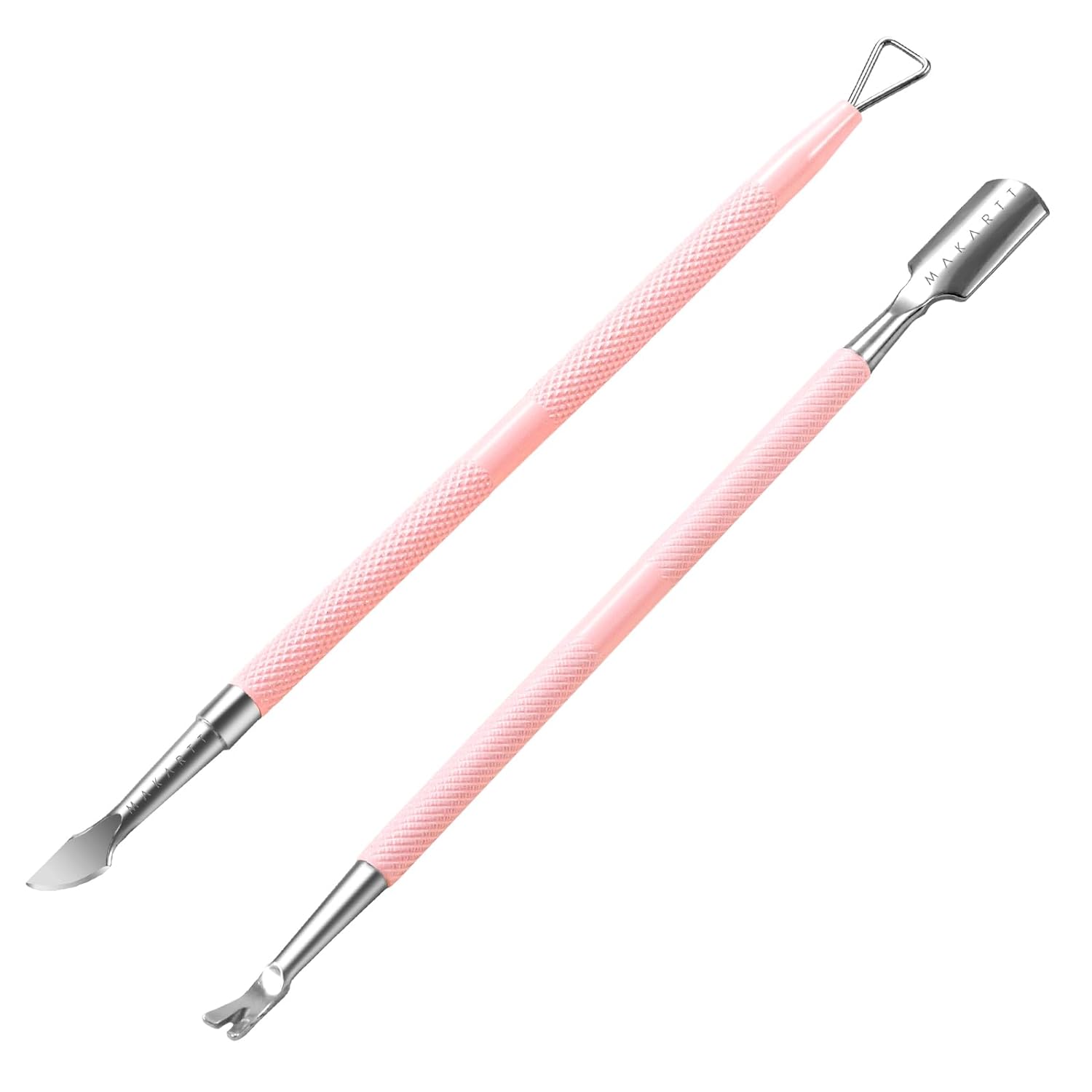 Makartt Cuticle Pushers, 2Pcs Stainless Steel Dual Ended Cuticle Remover with Spoon Pusher, Cutter, Scraper & Dead Skin Fork, Pink Manicure Pedicure Nail Care Kit