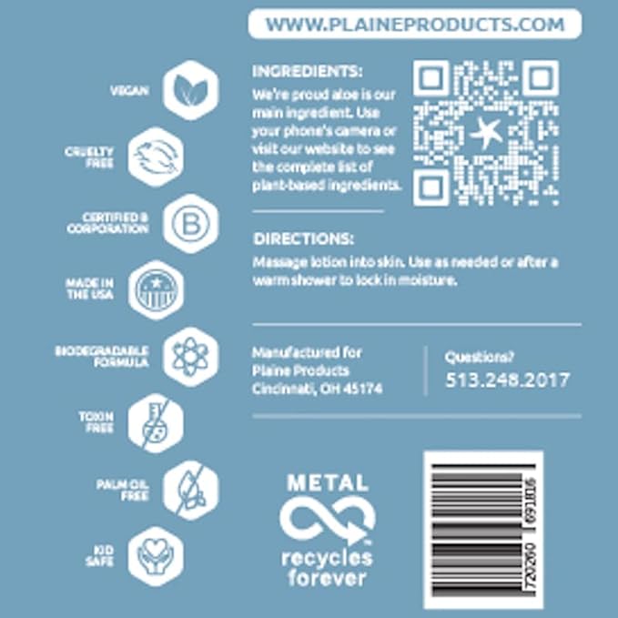 Plaine Products Eco-Friendly Body Lotion - Rosemary, Mint, Vanilla - Sensitive Skin, 16 oz (Refill Bottle)