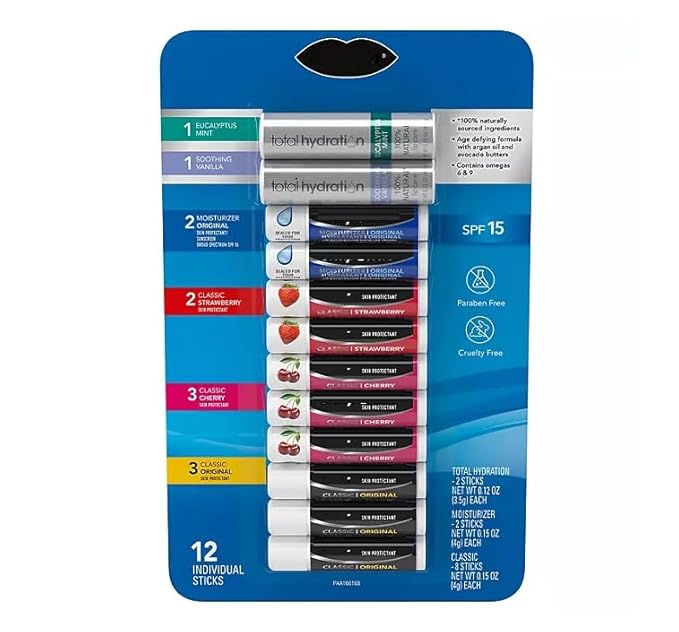Lip Balm Variety Pack (Original, Cherry, Strawberry, Moisturizer & Total Hydration) - 12 count.