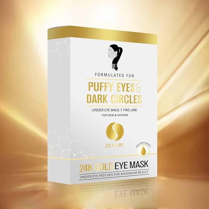 Golden Under Eye Patches (20 pairs) - Eyes Masks with Amino Acids, Collagen & Cooling Eye Care for Puffy Eyes, Dark Circles, Wrinkle Skincare Treatment for Men & Women