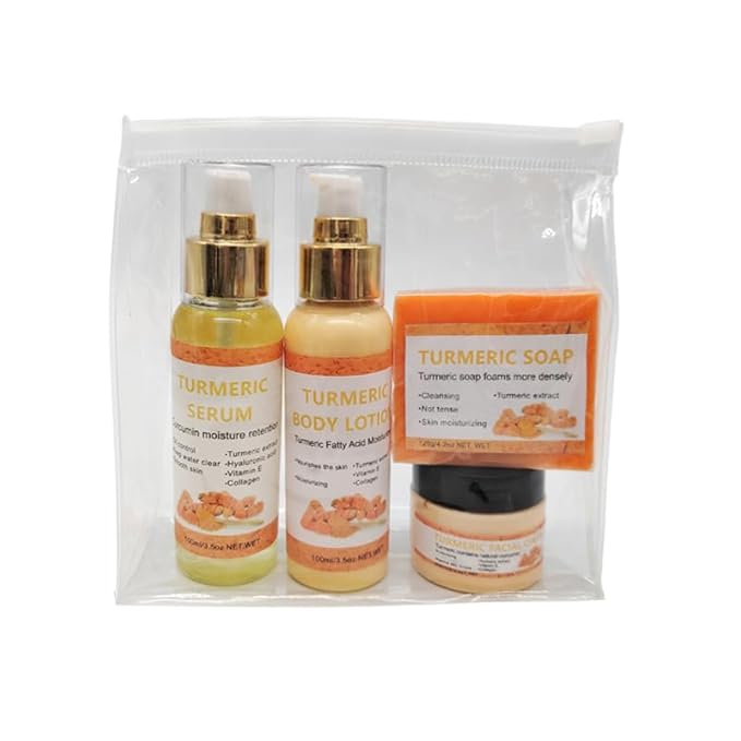 4 Packs Turmeric Serum,Turmeric Soap,Turmeric Body Lotion,Turmeric Facial Cream with Vitamin C, Vitamin E, Collagen,Hyaluronic Acid for Reduces Dark Spots