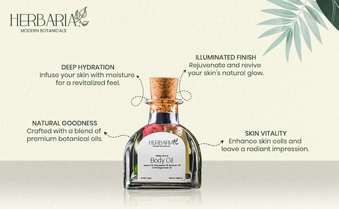 HERBARIA Body Oil - White Floral (3.38 fl oz) | Luxurious Body Oil - ALL SEASON | 100% Vegan Enriched With Grapeseed Oil, Pomegranate Oil, Avocado Oil, Argan Oil, Baobab Oil | 100% Sustainable