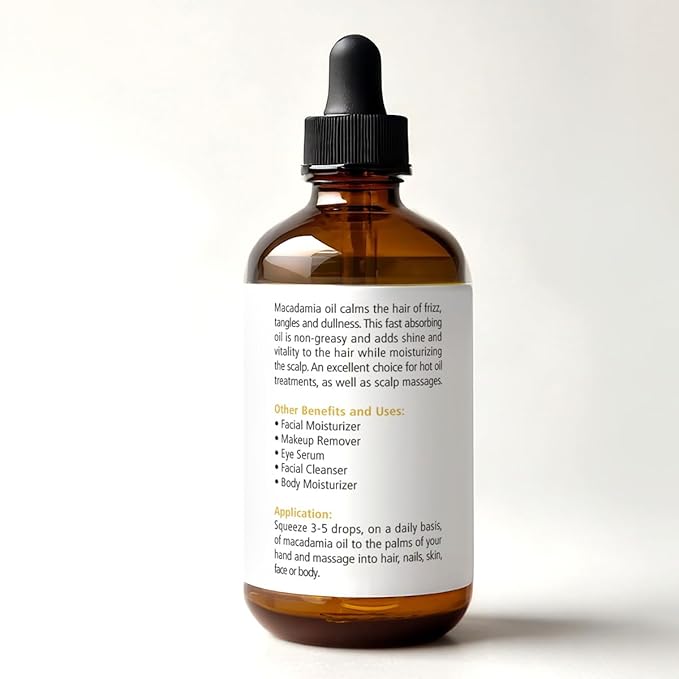 Organic Macadamia Nut Oil Moisturizer for Dry Skin In Large 4oz Glass Bottle | Cold Pressed and Unrefined Hair Oil