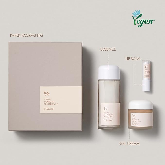Dr.Ceuracle Vegan Kombucha Tea Special Set - Korean Hydrating and Nourishing Skincare Gift Set included Essence, Gel Cream, Lip Balm