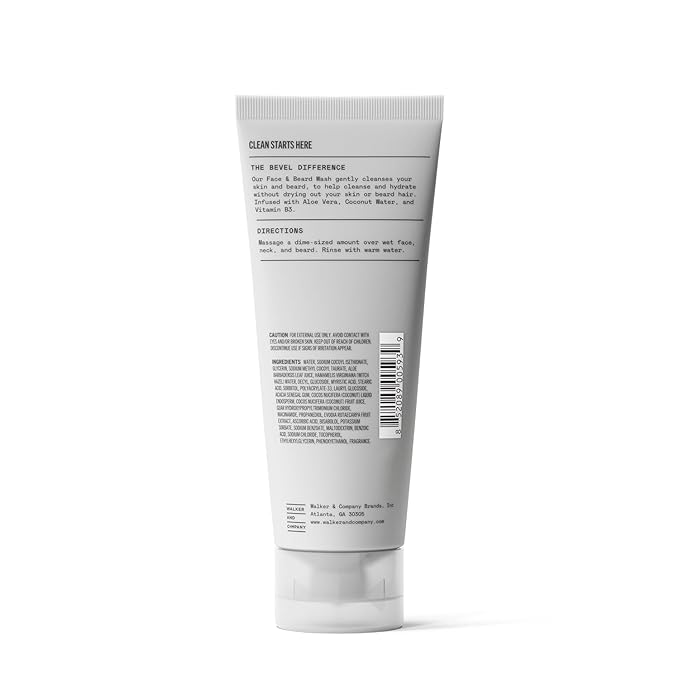 Bevel Face & Beard Wash with Witch Hazel and Aloe Vera to Cleanse, Hydrate and Brighten Skin, 4 Fl Oz