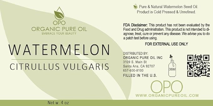 organic pure oil OPO Watermelon Seed Oil - 4 oz Glass & Dropper - Pure Unrefined Cold Pressed Non GMO Vegan Carrier Oil for Hair Skin Face Body Nails Beard Daily Use Moisturizer