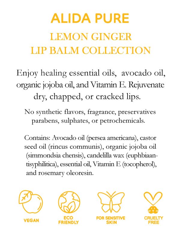 Lemon Ginger Lip Balm Collection, Vegan Lip Balm Set, Bees Wax Free, with Avocado Oil, Organic Jojoba Oil, Vitamin E, Natural Moisturizer For Dry, Cracked, or Chapped Lips, 3 Tube Set