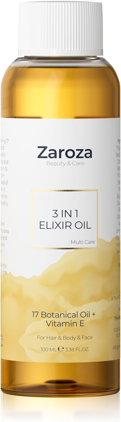 3-in-1 Elixir Oil – Organic Face, Body & Hair Oil with Vitamin E & 17 Botanical Oils – Moisturizing & Nourishing Treatment for Dry Skin, Scalp & Damaged Hair – for Women & Men – 5 fl oz