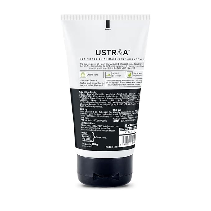 Ustraa Face Wash Acne Control - With Neem & Charcoal Face Wash - 3.5 Oz - Oil control, Prevents Acne, Especially for Oily skin, No Sulphate No Paraben
