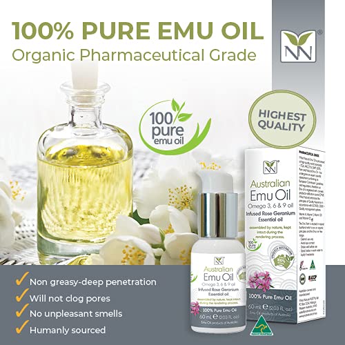 Y-Not Natural Ultra Pure Australian Emu Oil - Luxury, Hospital Grade Emu Oil 60 mL | Free Range Aboriginal Omega 3, 6 & 9 Oil Infused with Rose Geranium - The Ultimate Moisturizer for Skin, Hair, Nails, and Scalp