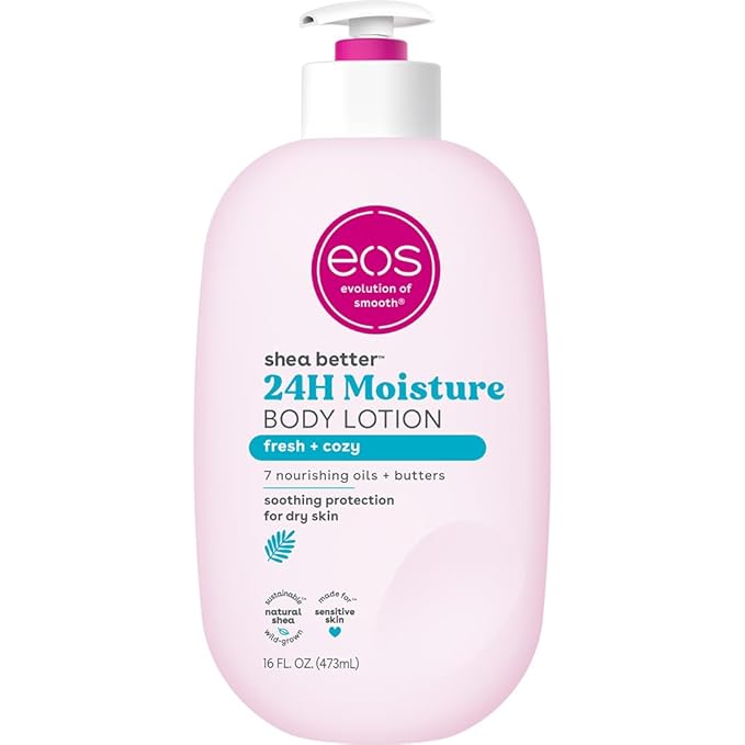 eos Shea Better Body Lotion- Fresh & Cozy, 24-Hour Moisture Skin Care, Lightweight & Non-Greasy, Made with Natural Shea, Vegan, 16 Fl Oz (Pack of 1)