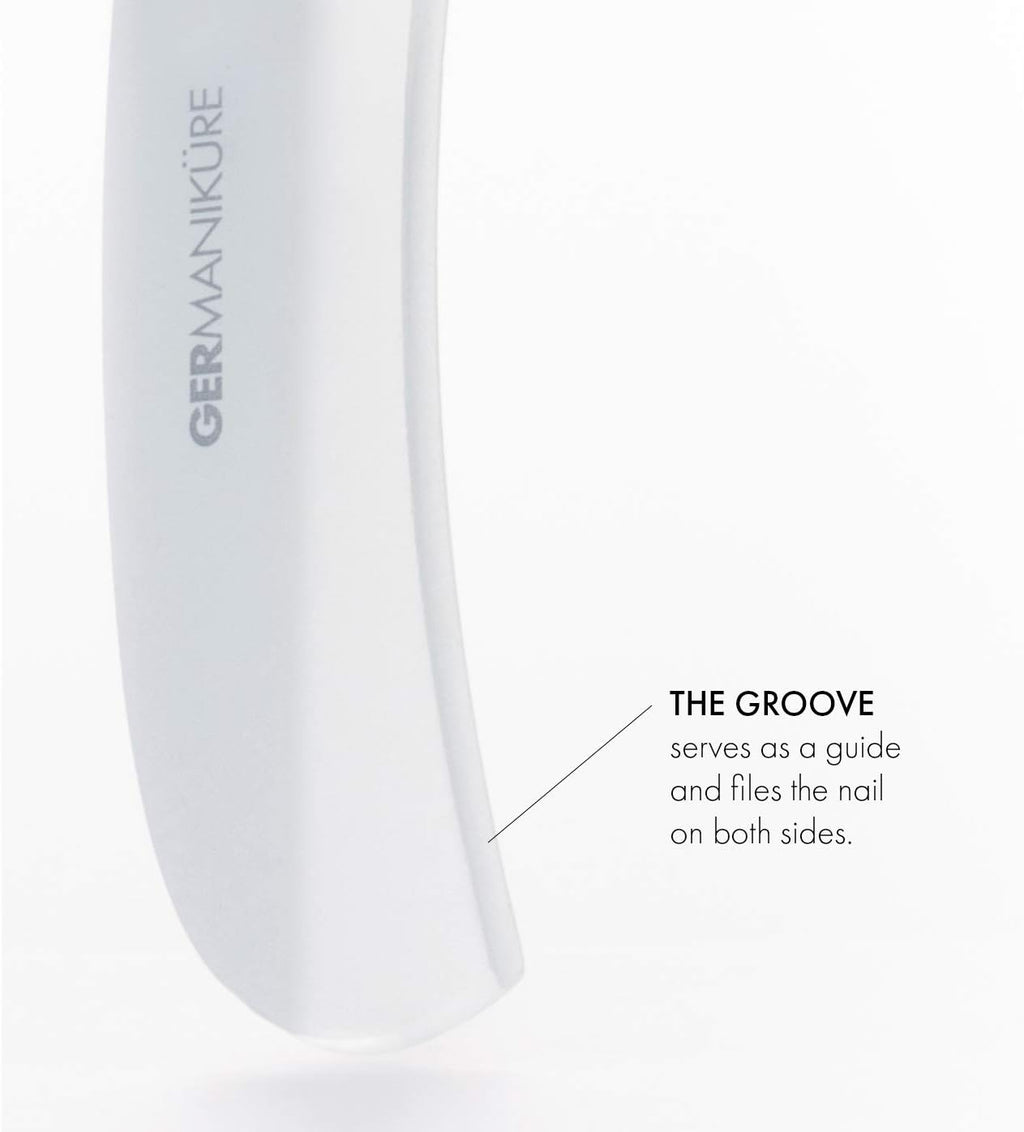 GERMANIKURE Gray Crystal Glass Nail File Set in Eggplant Purple Leather Case – Handmade in Czech Republic – Professional Manicure & Pedicure Supplies – Glass Cuticle Stick, Pusher, Moon File